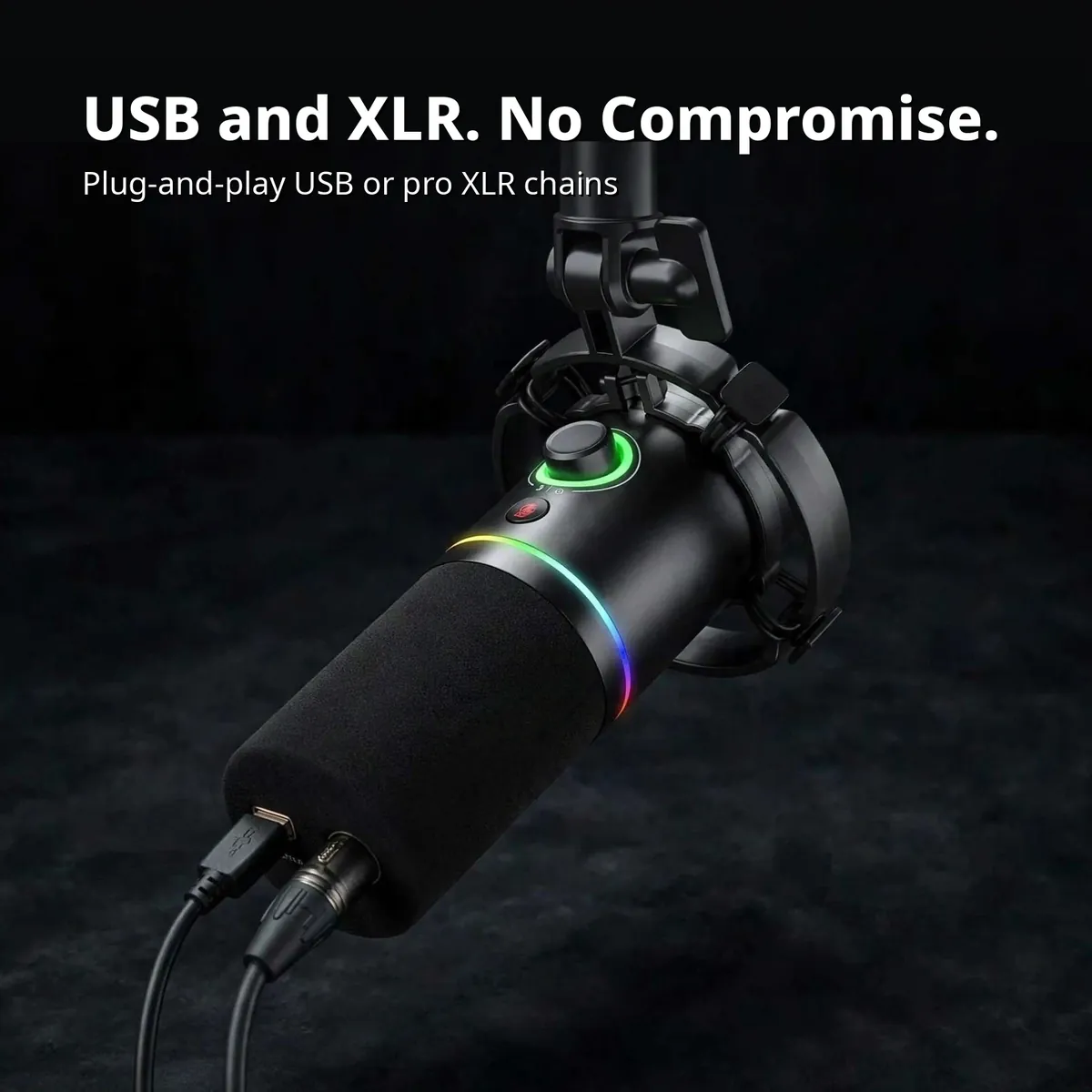 MAONO PD200X card showing USB and XLR cables plugged into the microphone — USB and XLR. No Compromise. Plug-and-play USB or pro XLR chains
