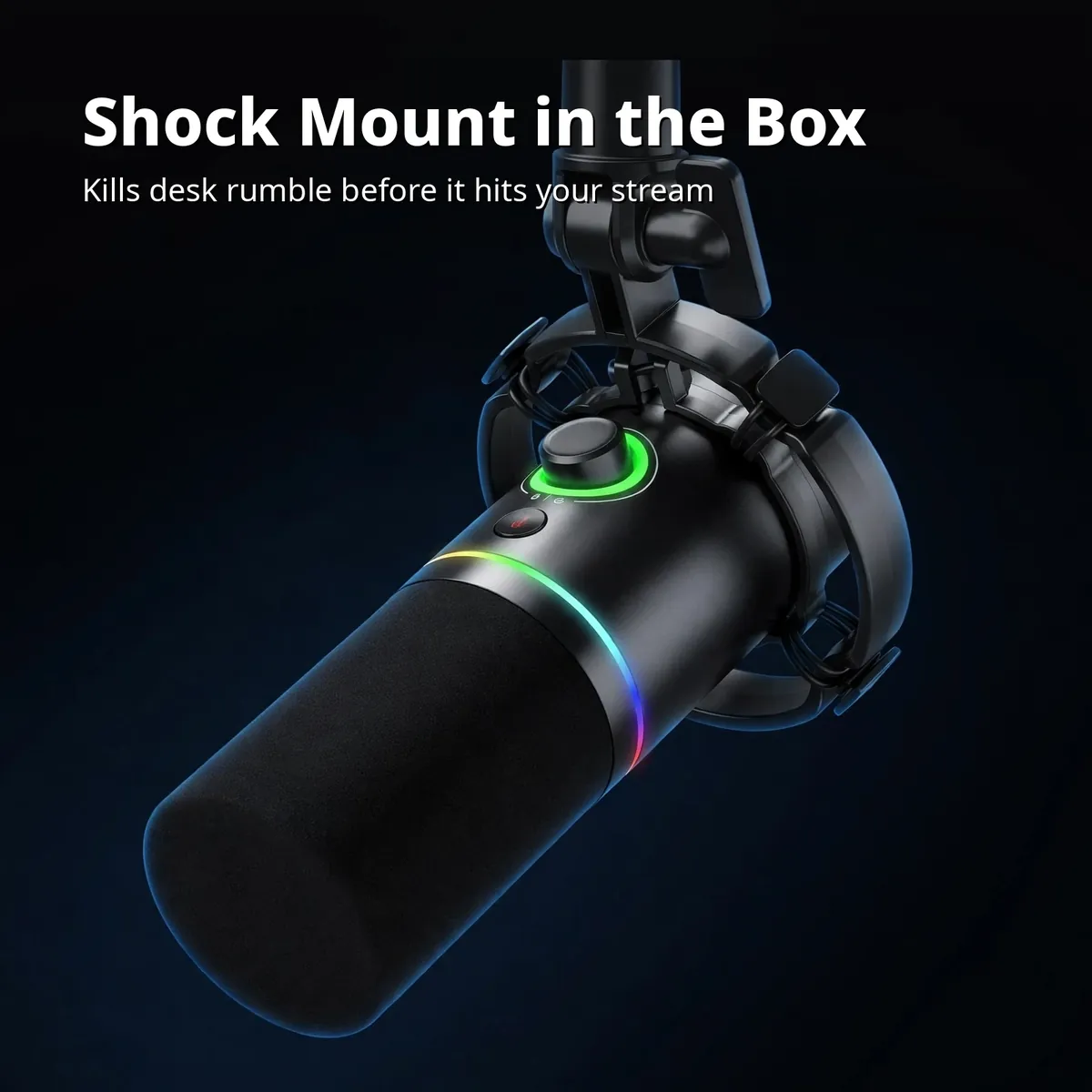 MAONO PD200X card showing the microphone held by its spider shock mount — Shock Mount in the Box. Kills desk rumble before it hits your stream