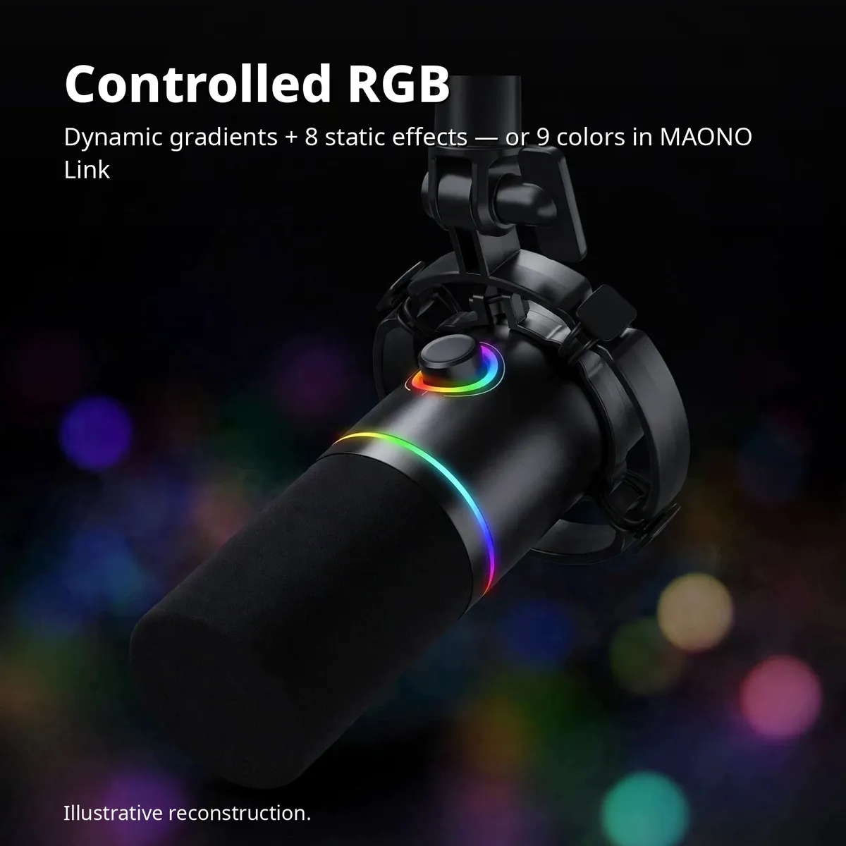 MAONO PD200X infographic with colorful RGB bokeh — Controlled RGB. Dynamic gradients + 8 static effects — or 9 colors in MAONO Link. Illustrative reconstruction.