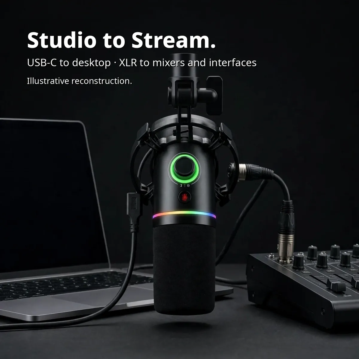 MAONO PD200X infographic showing the microphone connected beside a laptop and a mixer — Studio to Stream. USB-C to desktop · XLR to mixers and interfaces. Illustrative reconstruction.