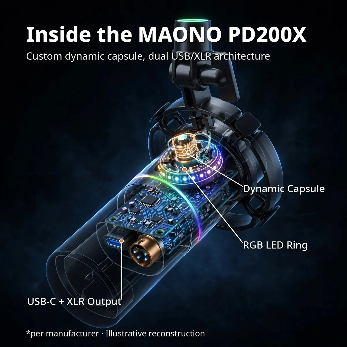 MAONO PD200X x-ray cutaway showing the glowing dynamic capsule, RGB LED ring and USB-C + XLR output with leader-line callouts — Inside the MAONO PD200X. *per manufacturer · Illustrative reconstruction.