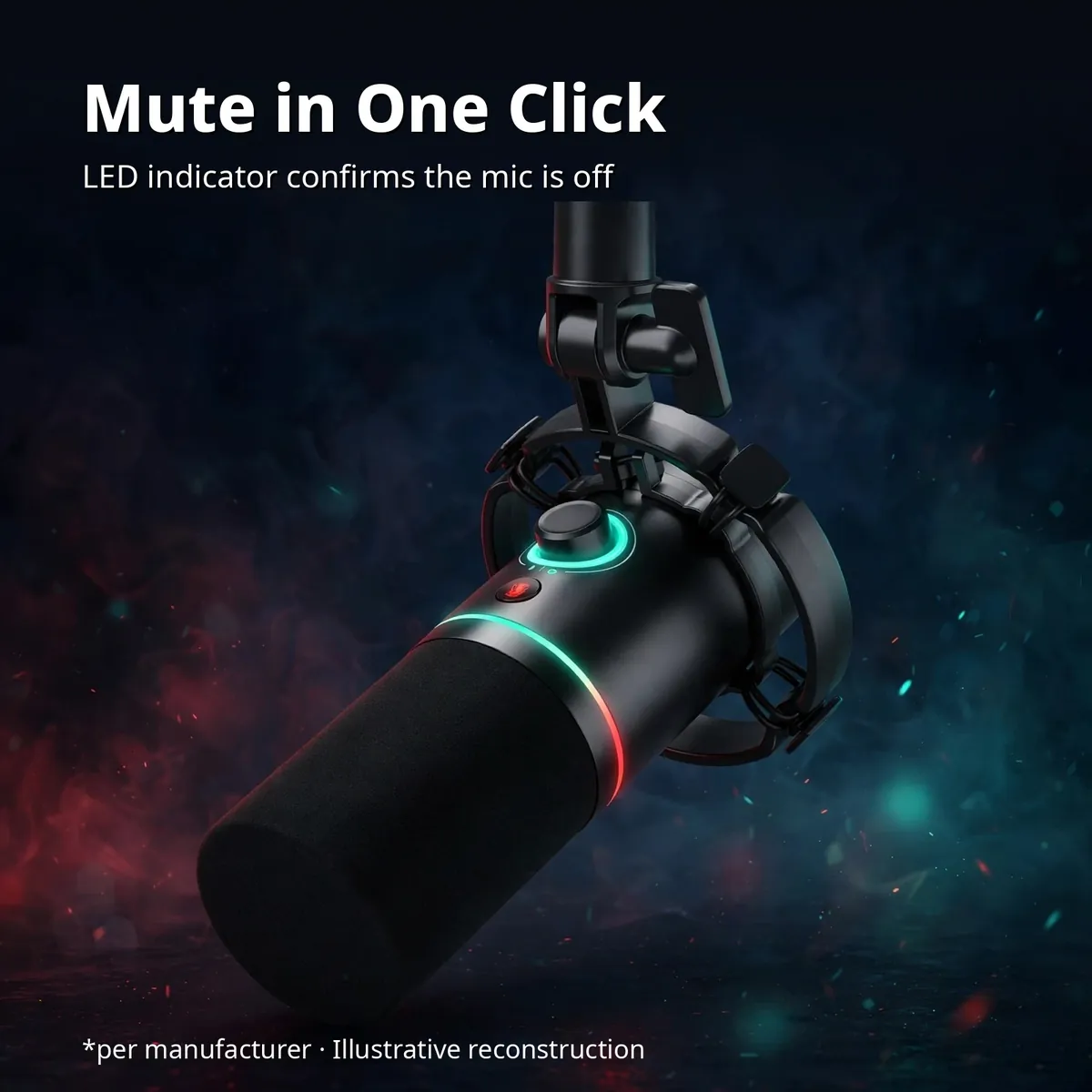 MAONO PD200X x-ray style view with the mute button and red LED indicator — Mute in One Click. LED indicator confirms the mic is off. *per manufacturer · Illustrative reconstruction.