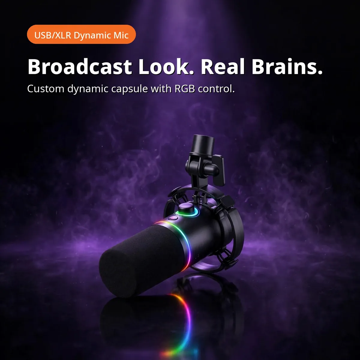 MAONO PD200X promo hero under a purple spotlight — USB/XLR Dynamic Mic. Broadcast Look. Real Brains. Custom dynamic capsule with RGB control.