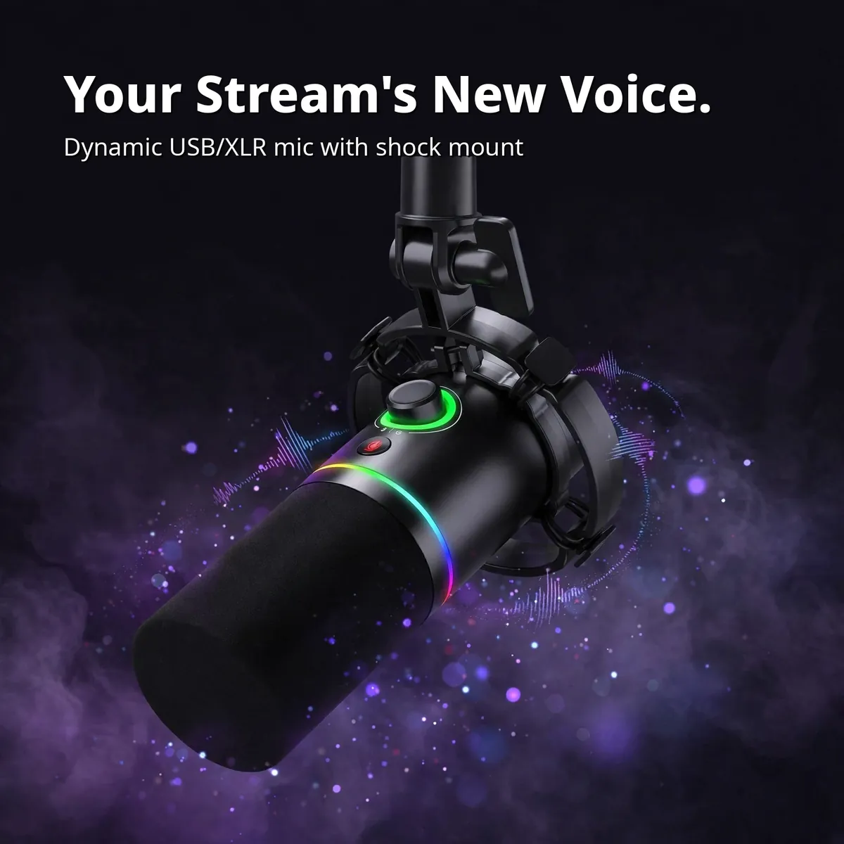 MAONO PD200X promo showing the microphone with glowing audio waveforms — Your Stream's New Voice. Dynamic USB/XLR mic with shock mount