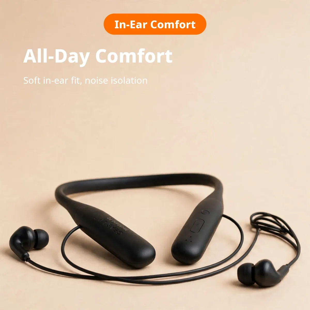 GearUp P2 comfort card — All-Day Comfort. In-Ear Comfort chip; soft in-ear fit, noise isolation.