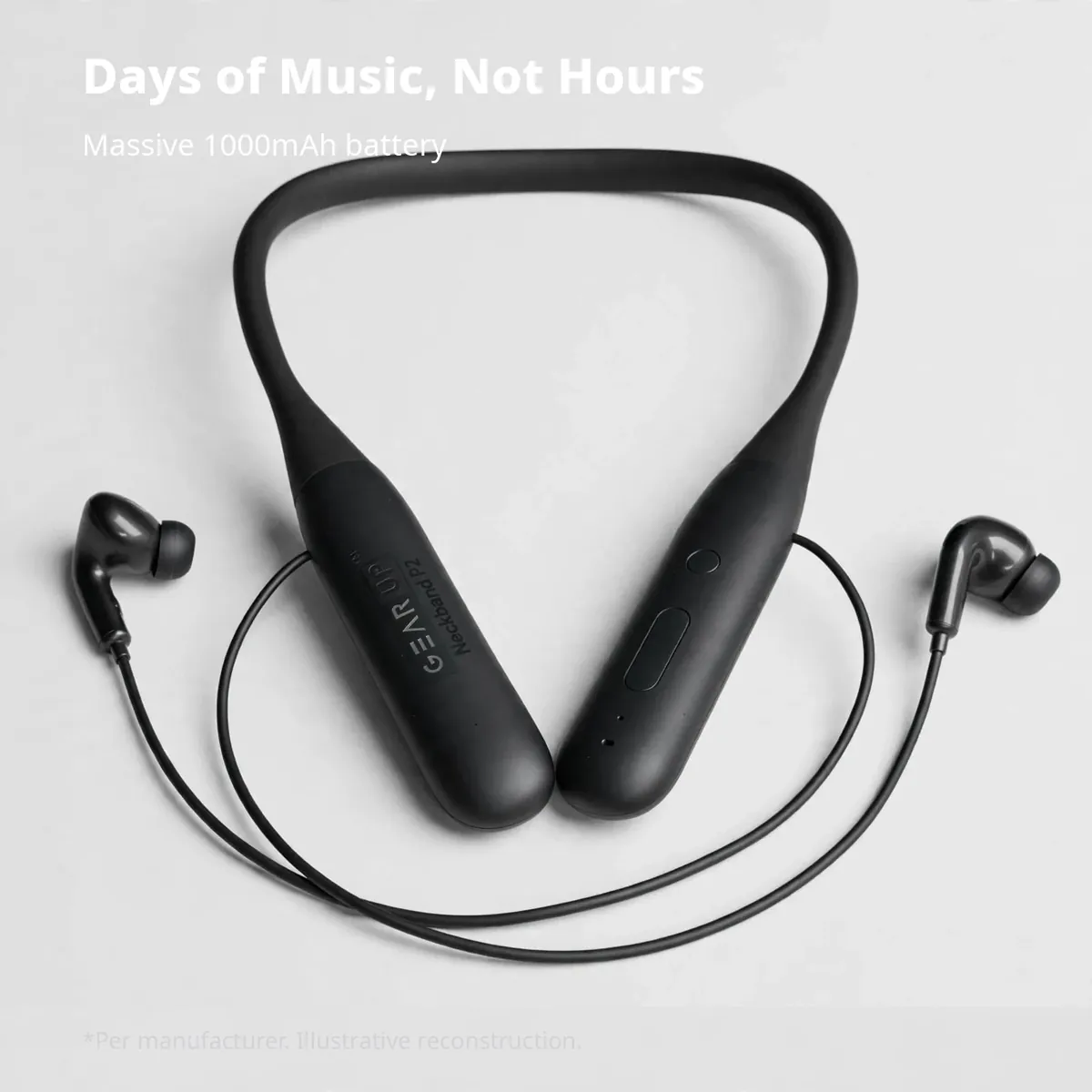 GearUp P2 endurance infographic — Days of Music, Not Hours. Massive 1000mAh battery. Illustrative reconstruction.
