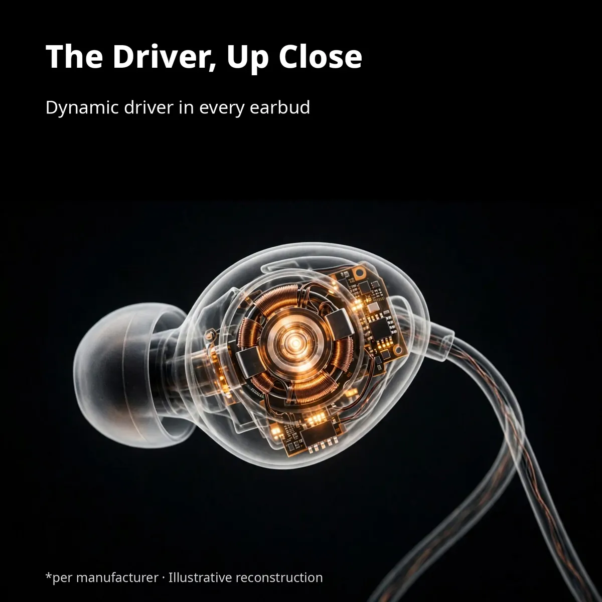 GearUp P2 driver x-ray close-up — The Driver, Up Close. Dynamic driver in every earbud. Per manufacturer, illustrative reconstruction.