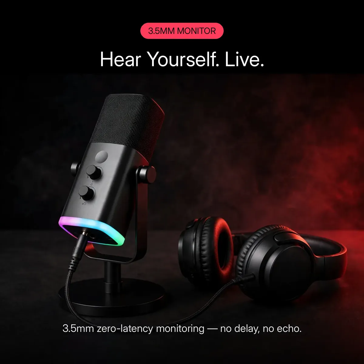FIFINE AmpliGame AM8 feature card showing headphones plugged into the microphone's 3.5mm monitoring jack — Hear Yourself, Live. 3.5mm zero-latency monitoring, no delay, no echo.