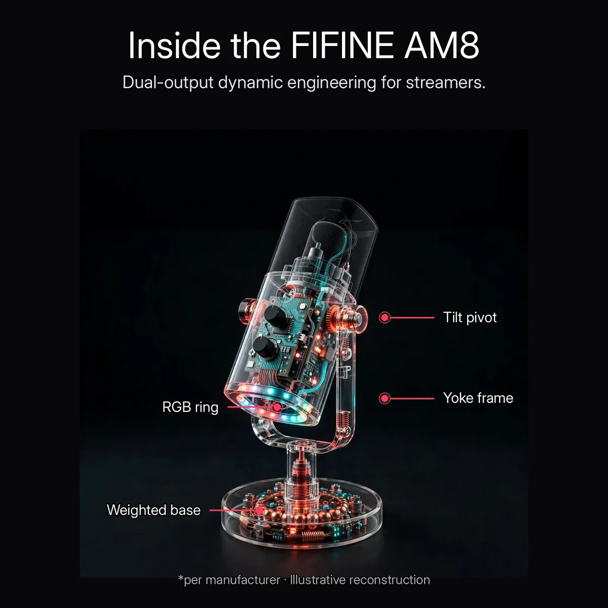 FIFINE AmpliGame AM8 x-ray view of the yoke stand with callouts for the tilt pivot, yoke frame, RGB ring and weighted base — Inside the FIFINE AM8. Illustrative reconstruction.