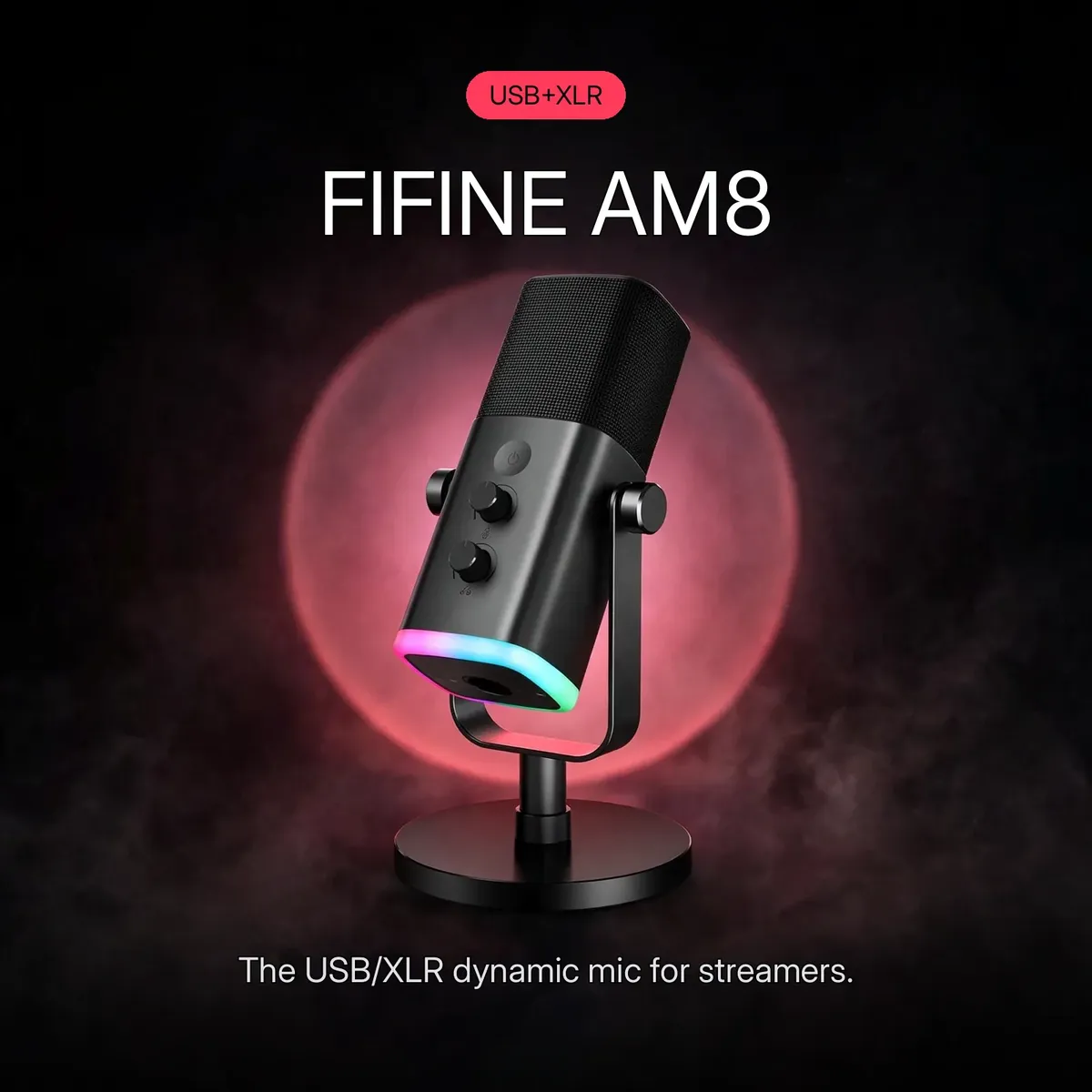 FIFINE AmpliGame AM8 promo hero showing the microphone on its desktop stand under a red halo glow — FIFINE AM8. The USB/XLR dynamic mic for streamers.