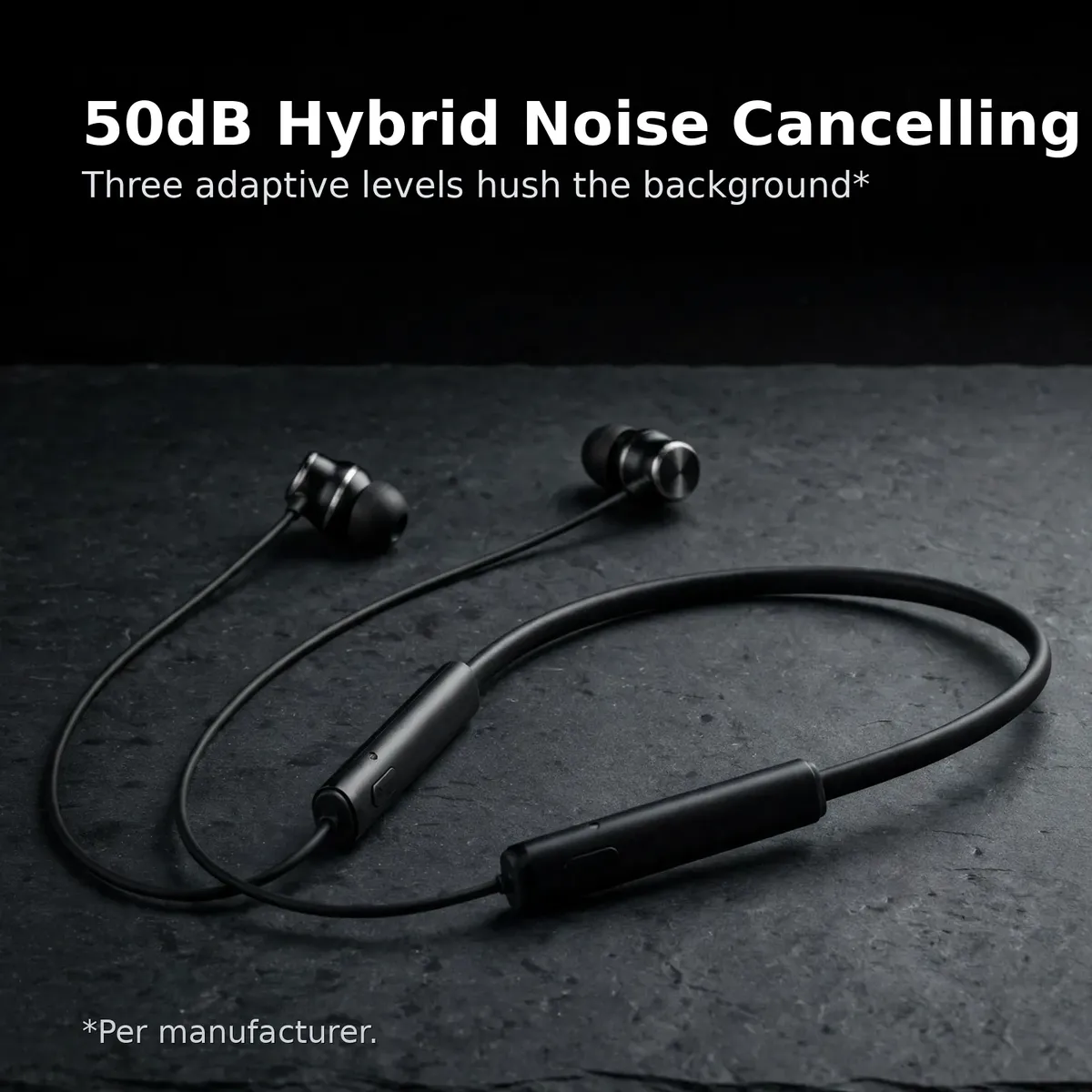 Realme Buds Wireless 5 ANC card — 50dB Hybrid Noise Cancelling. Three adaptive levels hush the background. Per manufacturer.