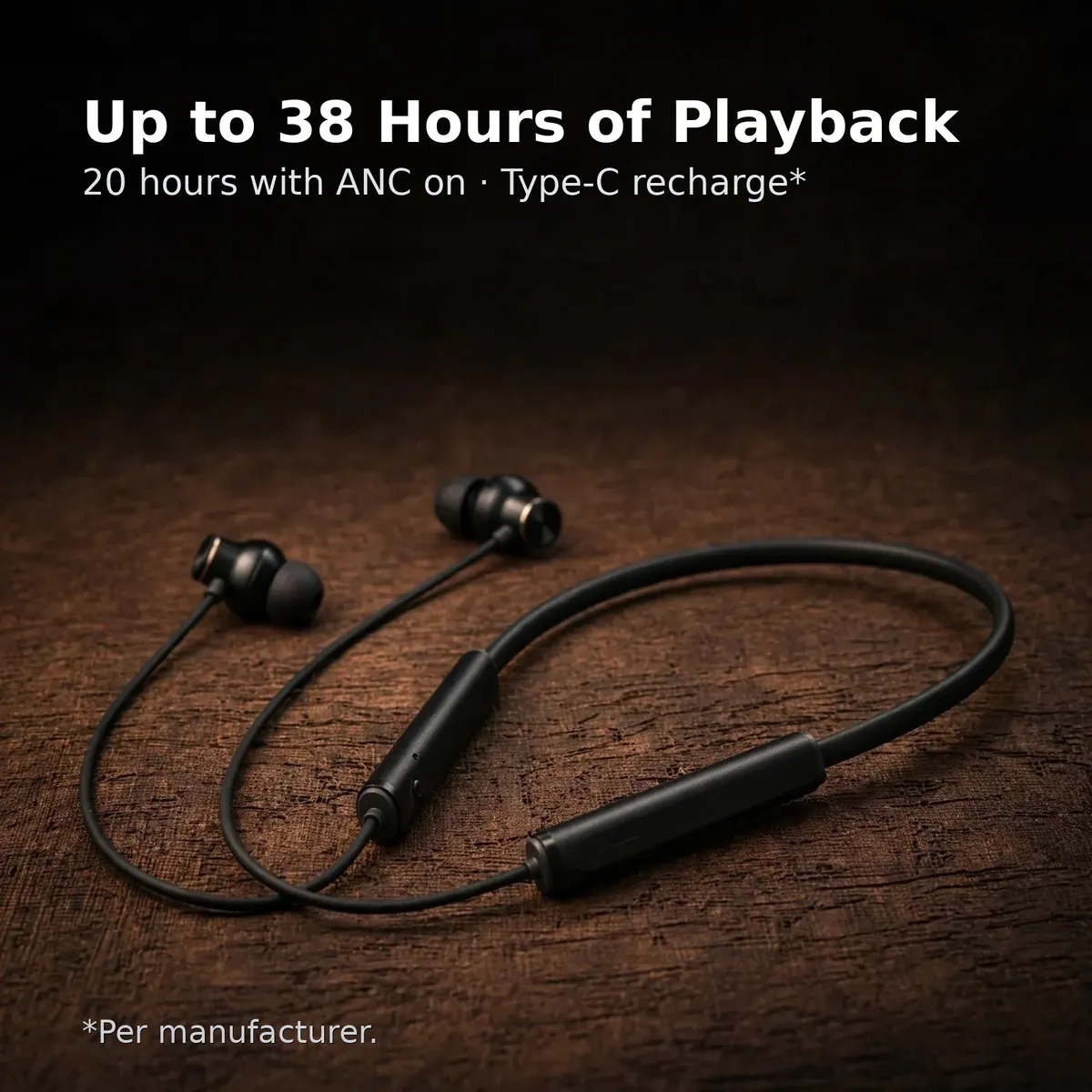 Realme Buds Wireless 5 ANC battery card — Up to 38 Hours of Playback. 20 hours with ANC on, Type-C recharge. Per manufacturer.
