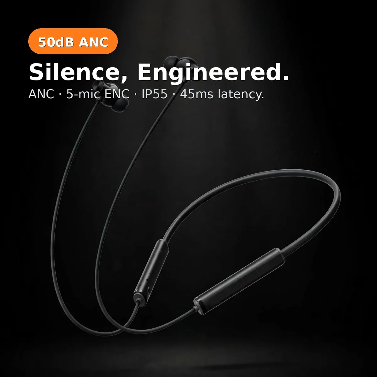 Realme Buds Wireless 5 ANC promo hero — Silence, Engineered. ANC, 5-mic ENC, IP55, 45ms latency. 50dB ANC.