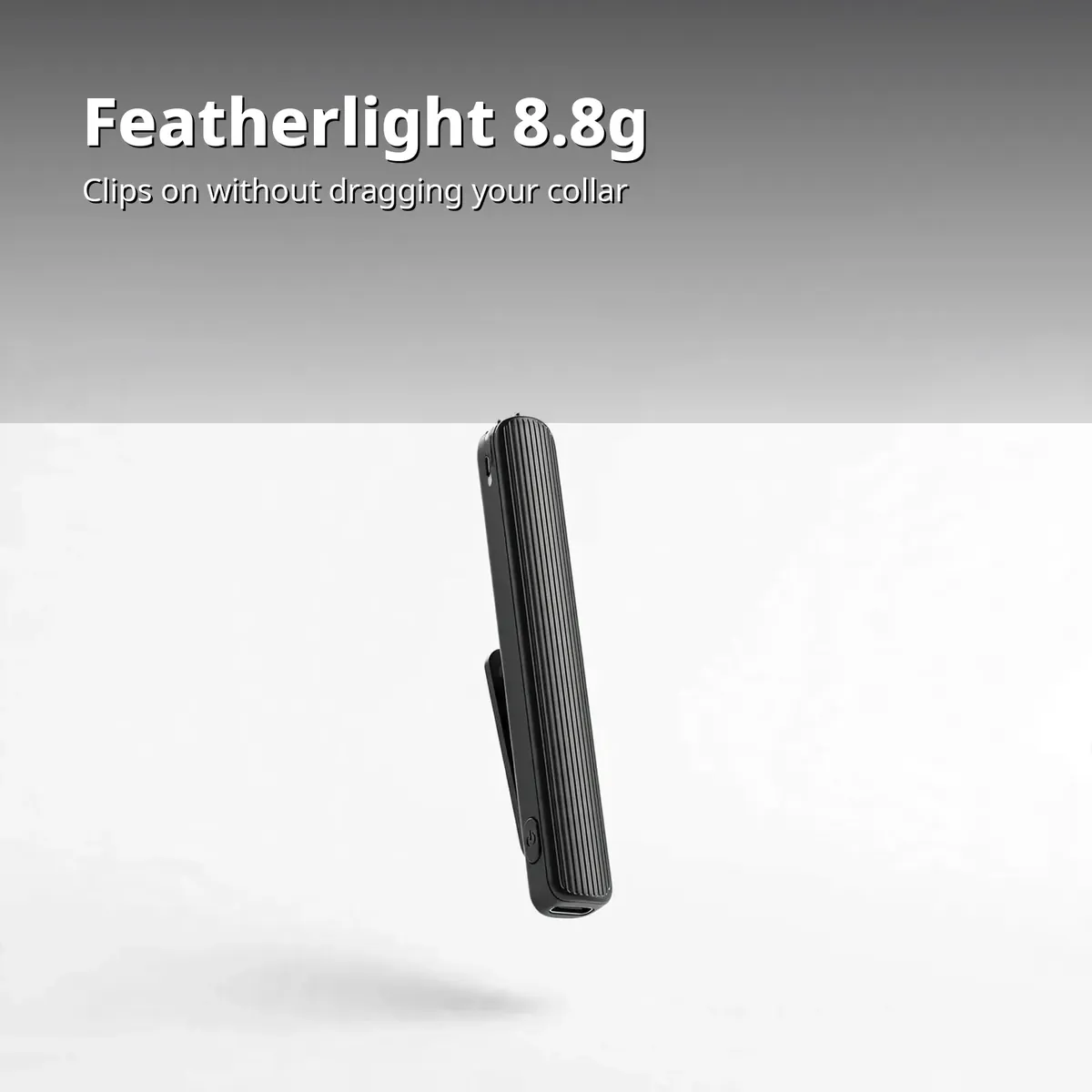 Ulanzi A100 feature card showing the slim ribbed transmitter floating on a light studio background — Featherlight 8.8g. Clips on without dragging your collar.