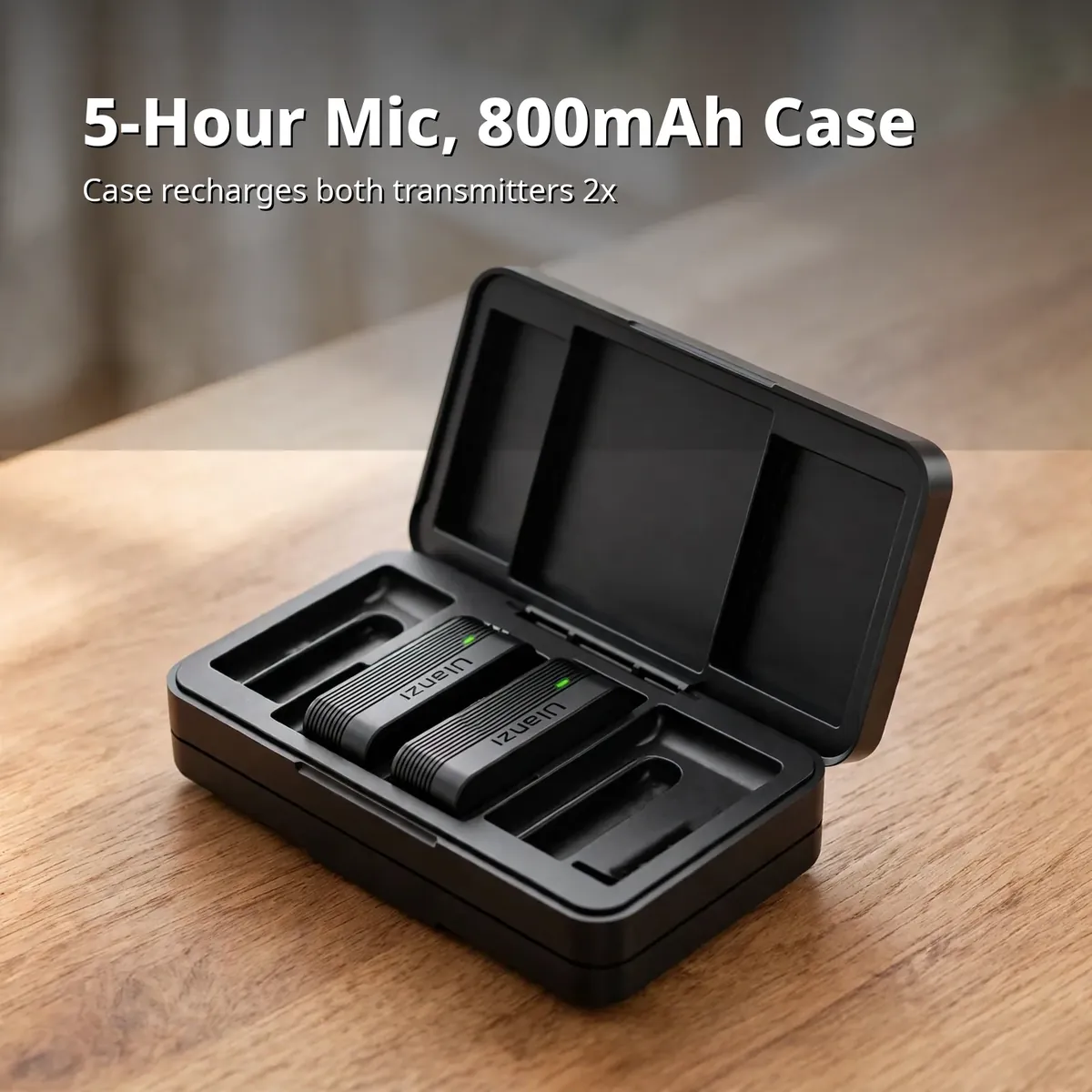 Ulanzi A100 battery card showing the open charging case with both transmitters inside — 5-Hour Mic, 800mAh Case. Case recharges both transmitters 2x.