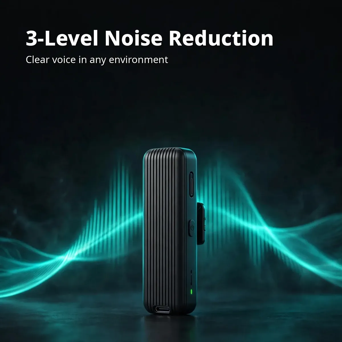 Ulanzi A100 feature card showing the ribbed transmitter against teal sound waves — 3-Level Noise Reduction. Clear voice in any environment.