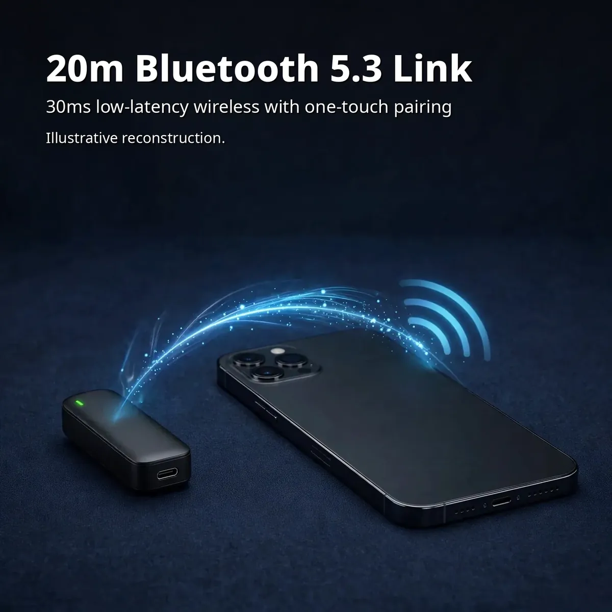 Ulanzi A100 connection infographic showing the receiver beside a smartphone with a wireless signal arc — 20m Bluetooth 5.3 Link. 30ms low-latency wireless with one-touch pairing. Illustrative reconstruction.