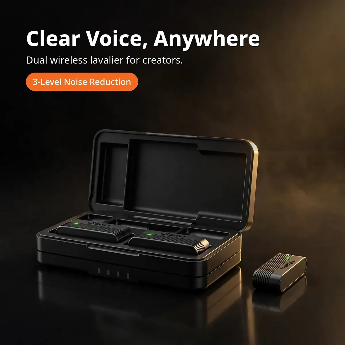 Ulanzi A100 promo hero showing the open charging case with both transmitters and the receiver beside it — Clear Voice, Anywhere. Dual wireless lavalier for creators.