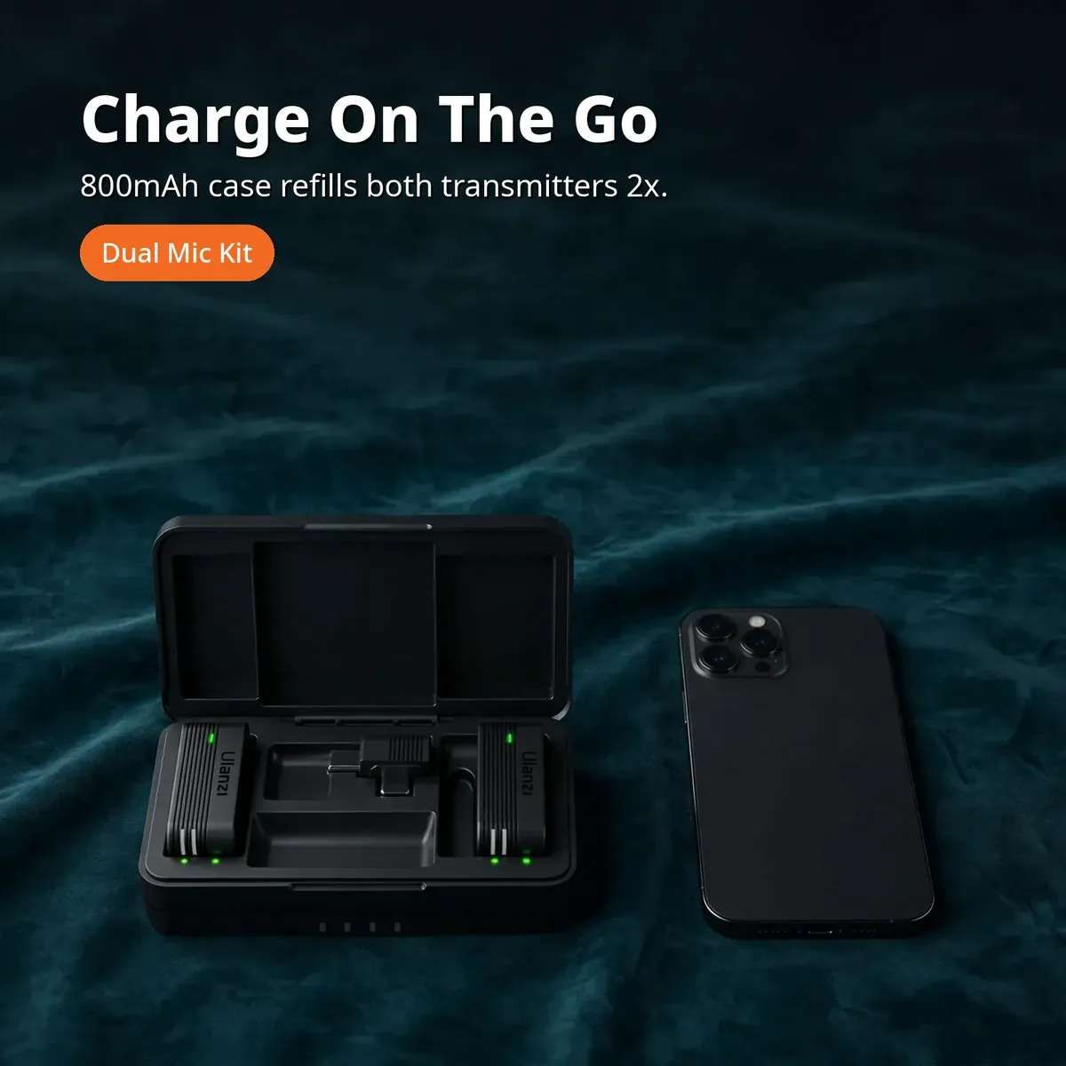 Ulanzi A100 promo card showing the charging case with the kit inside beside a smartphone — Charge On The Go. 800mAh case refills both transmitters 2x.