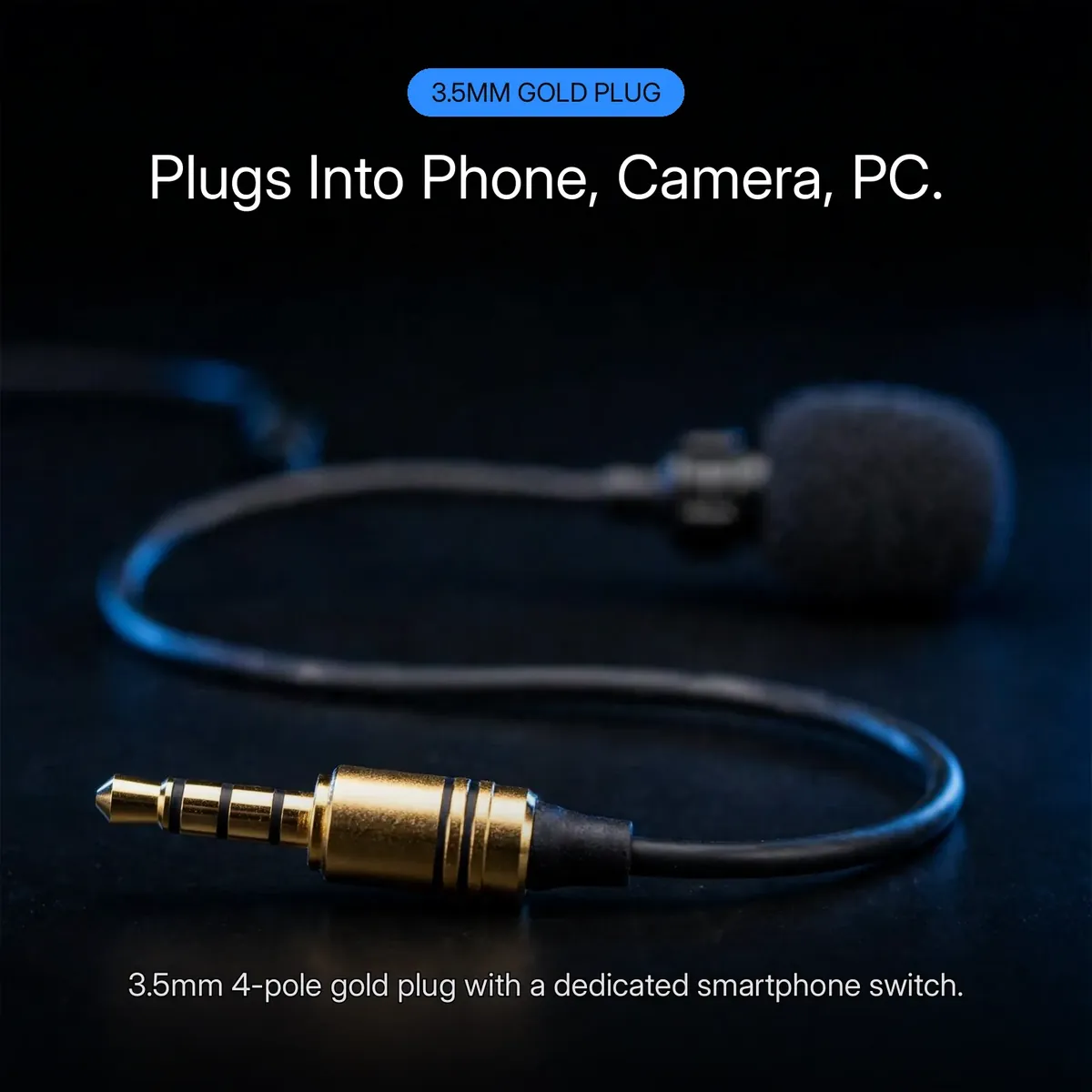 BOYA M1 feature card showing the gold 3.5mm 4-pole plug — plugs into phone, camera and PC