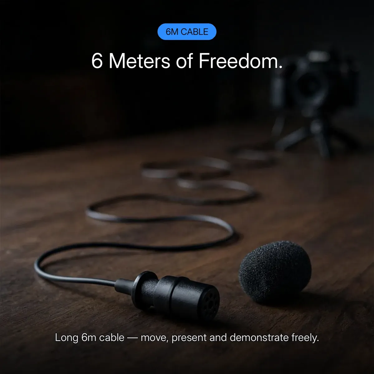 BOYA M1 feature card showing the coiled cable snaking toward a distant camera — 6 Meters of Freedom