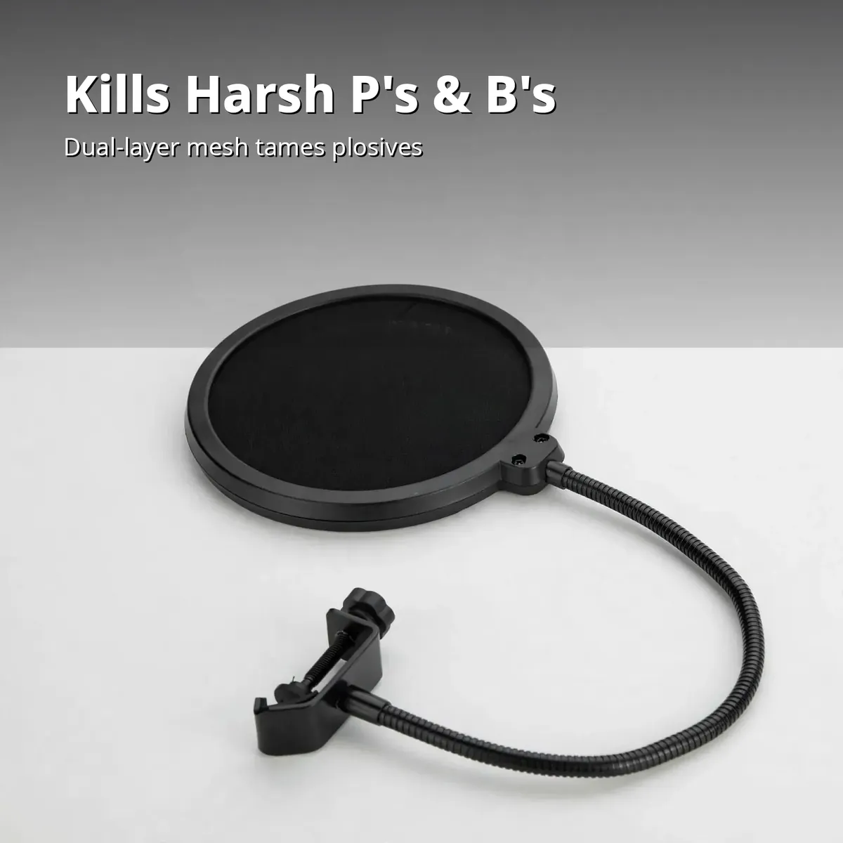 Wind pop filter plosive card — Kills Harsh P's and B's. Dual-layer mesh tames plosives.