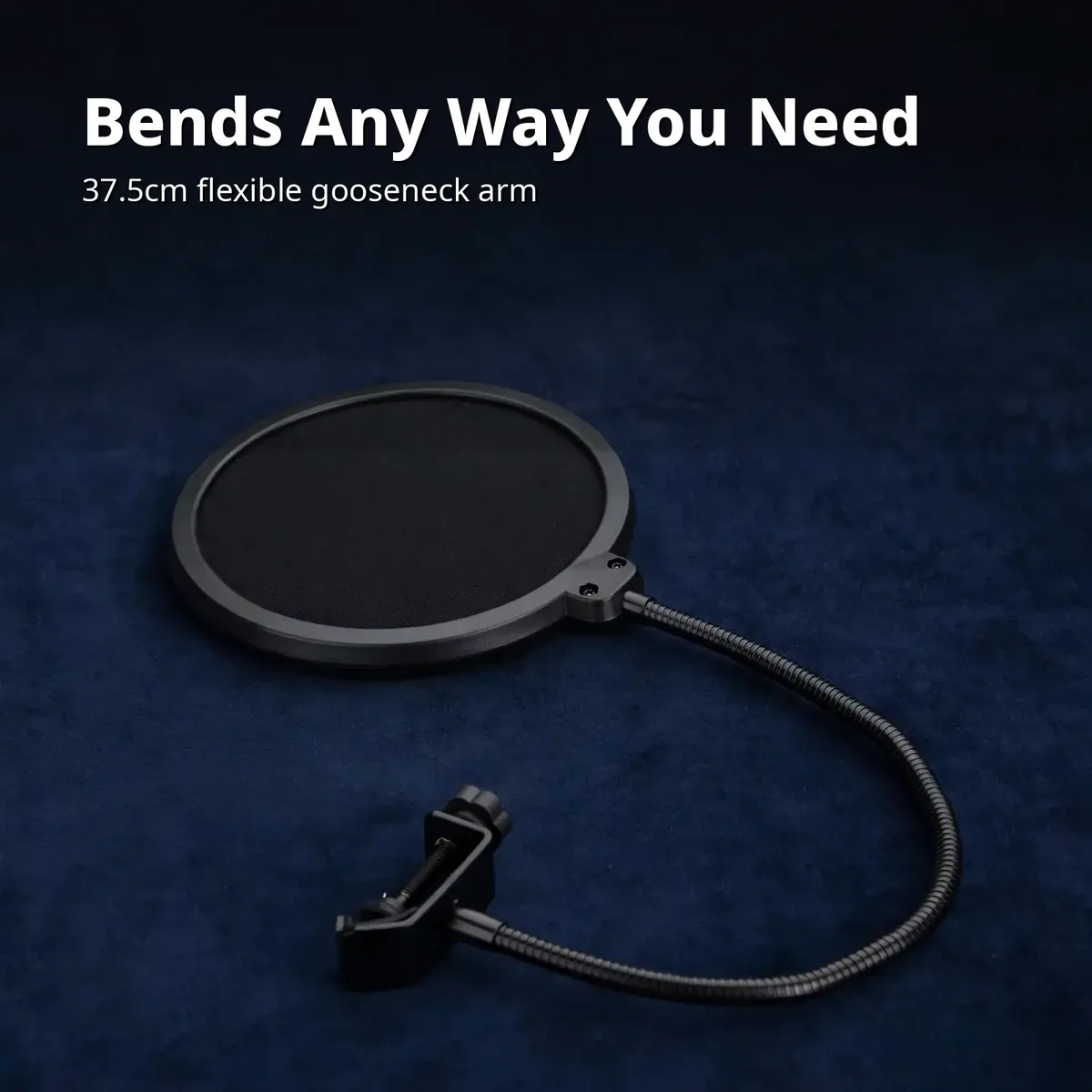 Wind pop filter gooseneck card — Bends Any Way You Need. 37.5cm flexible gooseneck arm.