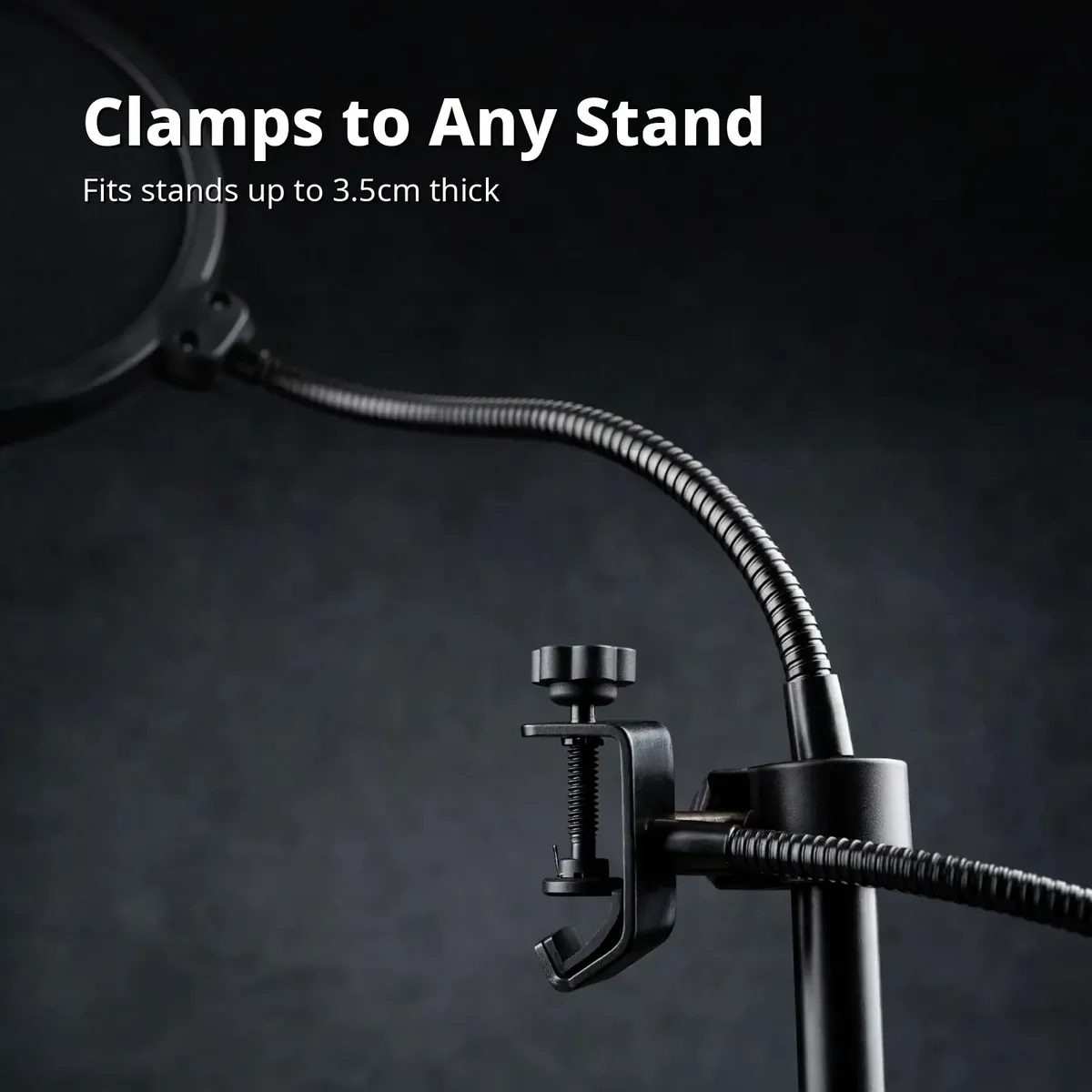 Wind pop filter clamp card — Clamps to Any Stand. Fits stands up to 3.5cm thick.