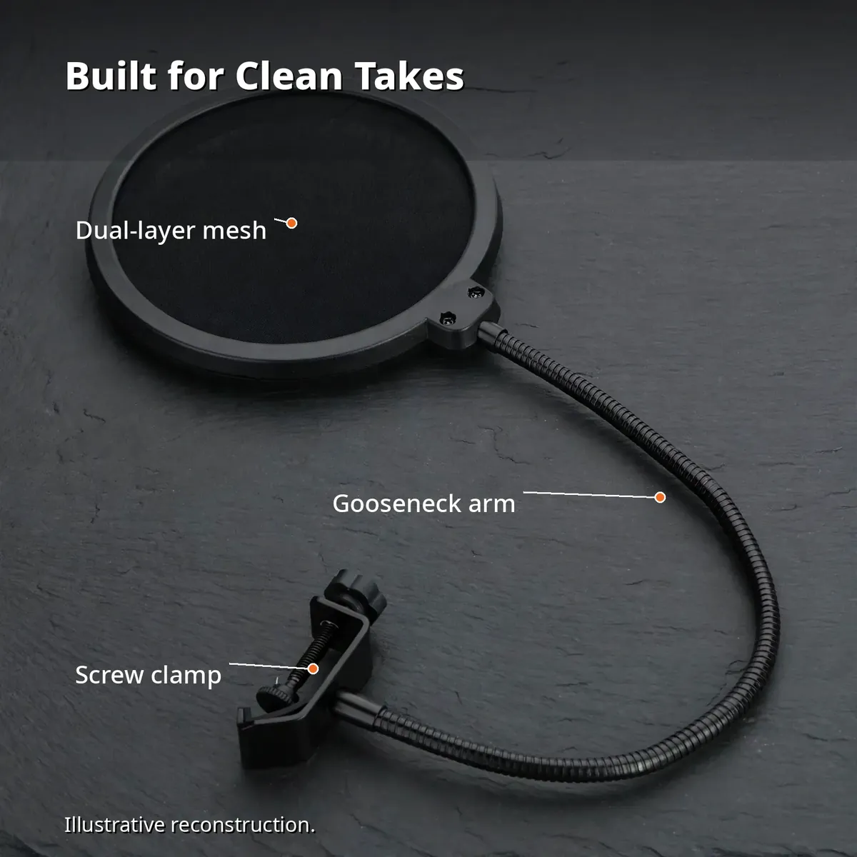 Wind pop filter parts infographic — Built for Clean Takes: dual-layer mesh, gooseneck arm, screw clamp. Illustrative reconstruction.