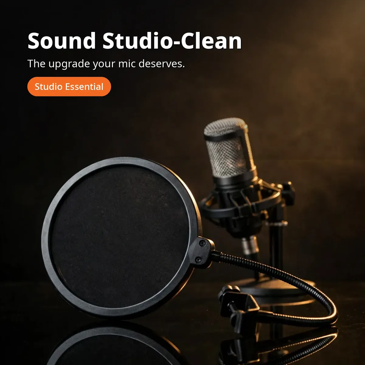 Wind pop filter promo hero — Sound Studio-Clean. The upgrade your mic deserves. Studio Essential chip.