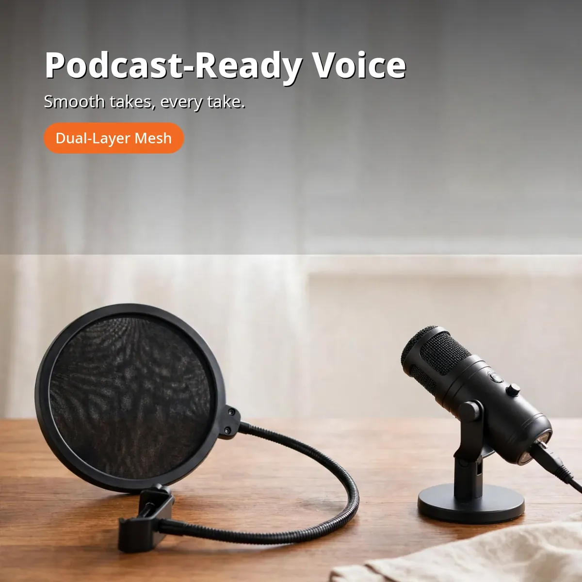 Wind pop filter podcast promo — Podcast-Ready Voice. Smooth takes, every take. Dual-Layer Mesh chip.