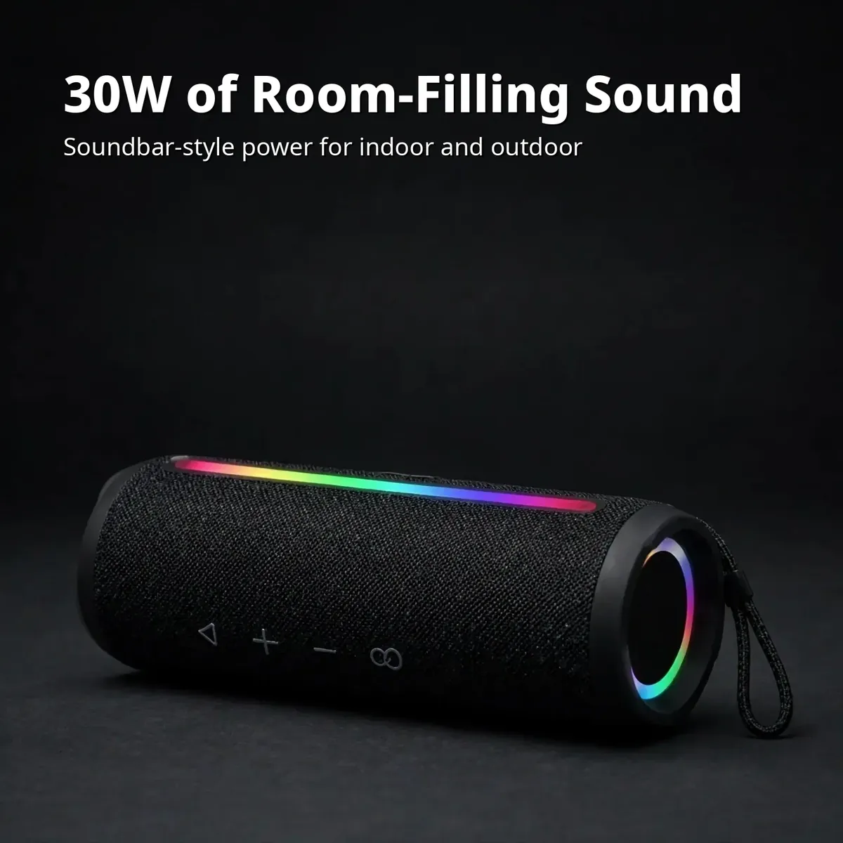 JIAYOU Sonic 7 power card showing the black soundbar-style speaker with glowing light strip — 30W of Room-Filling Sound on dark studio backdrop