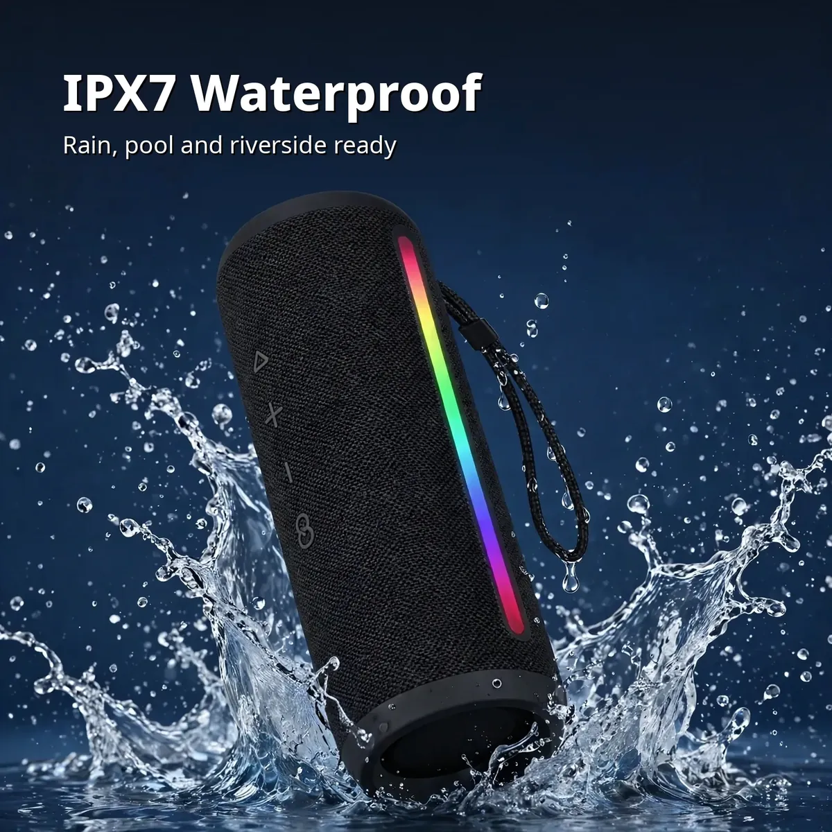 JIAYOU Sonic 7 waterproof card showing the speaker amid water splashes — IPX7 Waterproof, rain pool and riverside ready on deep-blue backdrop