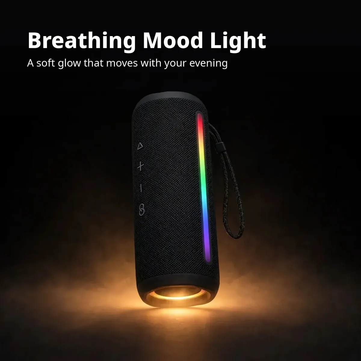 JIAYOU Sonic 7 mood light card showing the speaker with a soft breathing glow — Breathing Mood Light, a soft glow that moves with your evening on black backdrop