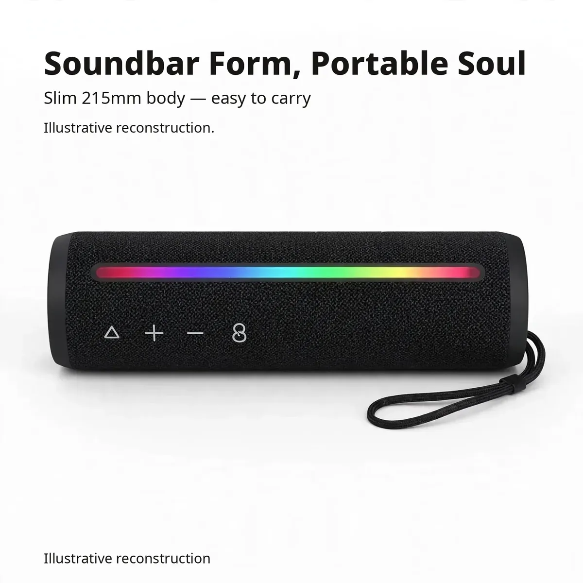 JIAYOU Sonic 7 size card showing the 215mm soundbar-style body with fabric grille and glowing light strip — Soundbar Form, Portable Soul, illustrative reconstruction