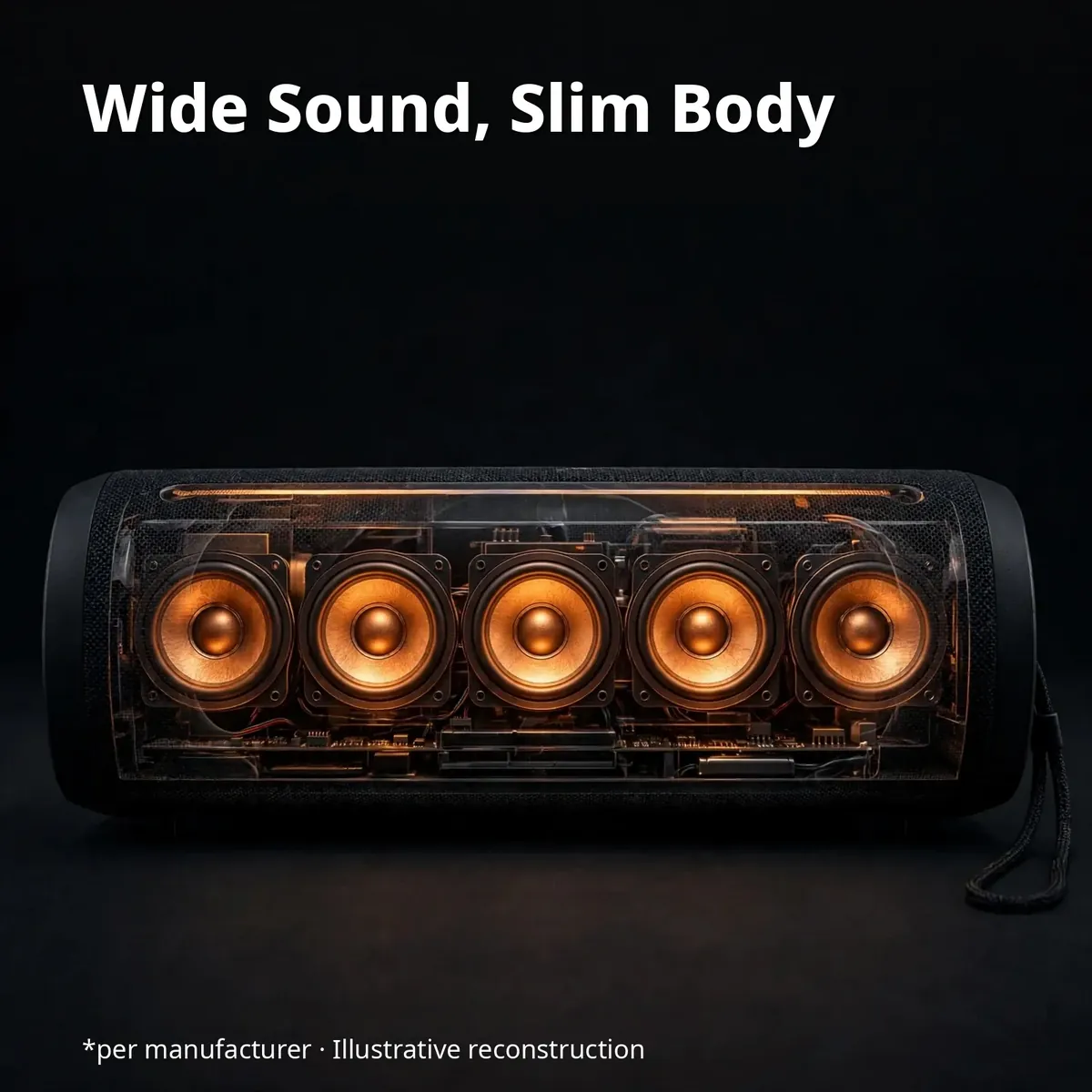 JIAYOU Sonic 7 x-ray style driver close-up showing the glowing driver array inside the slim body — Wide Sound, Slim Body, illustrative reconstruction