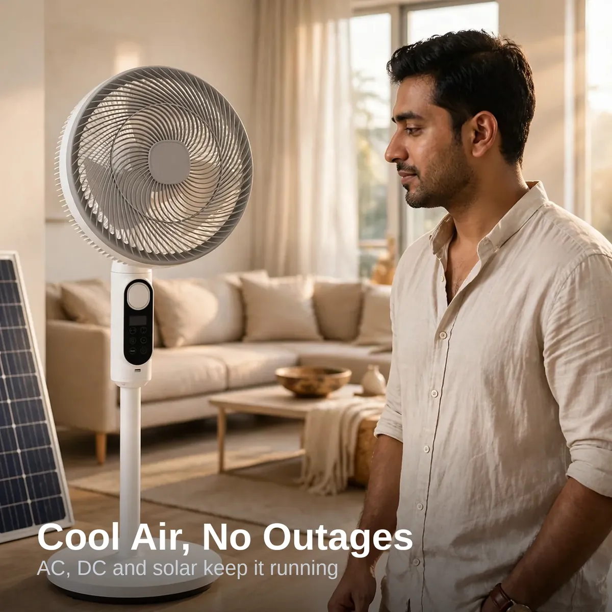 GearUP solar stand fan with panel in a living room