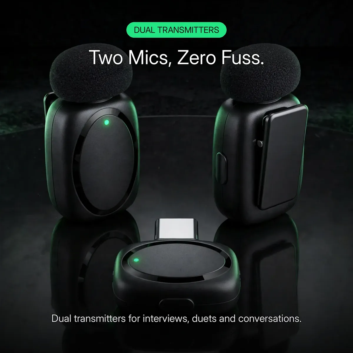 Acefast R2 feature card showing two TX units and the USB-C receiver arranged in a triangle — Two Mics, Zero Fuss. Dual transmitters for interviews, duets and conversations.