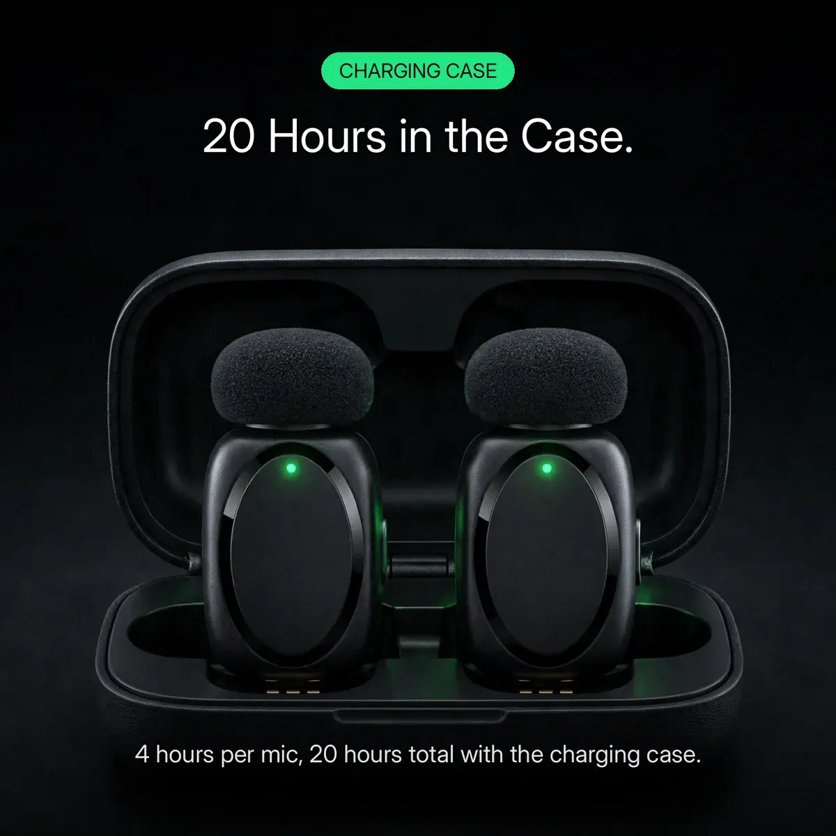 Acefast R2 battery card showing the two TX units docking in the charging case — 20 Hours in the Case. 4 hours per mic, 20 hours total with the charging case.