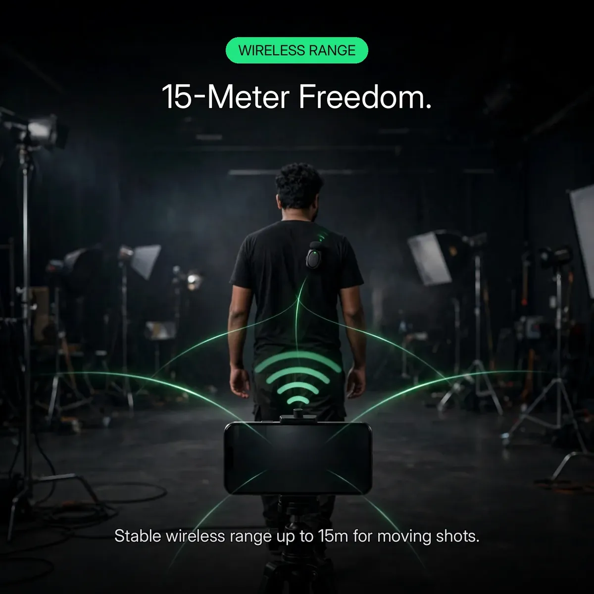 Acefast R2 range card showing a creator walking across a studio with green signal arcs — 15-Meter Freedom. Stable wireless range up to 15m for moving shots.