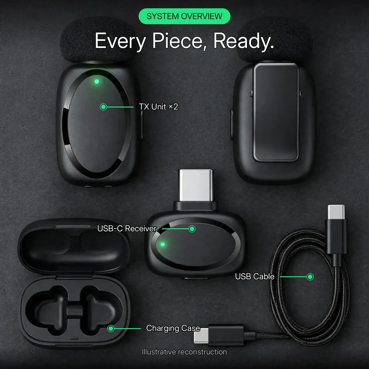 Acefast R2 system overview infographic with leader-line callouts for TX Unit ×2, USB-C Receiver, Charging Case and USB Cable — Every Piece, Ready. Illustrative reconstruction.