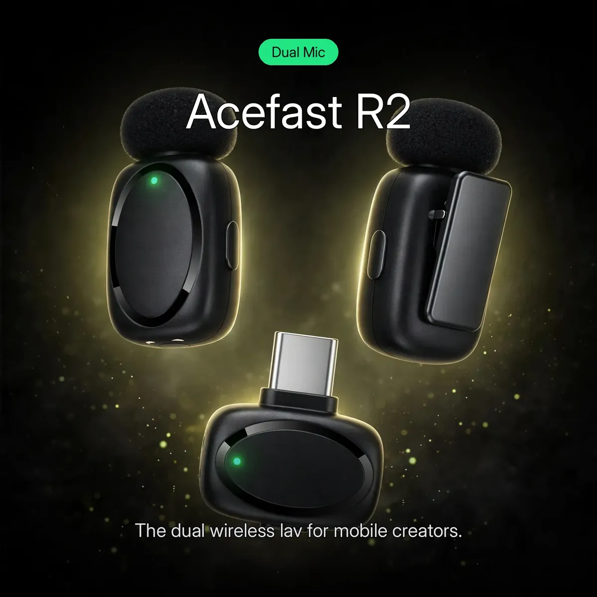 Acefast R2 promo hero showing two TX units and the USB-C receiver on a dark golden backdrop — Dual Mic. The dual wireless lav for mobile creators.