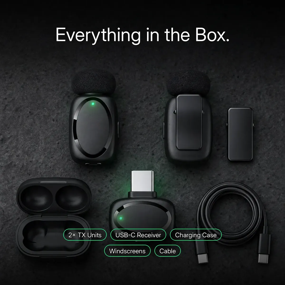 Acefast R2 box-contents flat-lay with chips for 2× TX Units, USB-C Receiver, Charging Case, Windscreens and Cable — Everything in the Box.