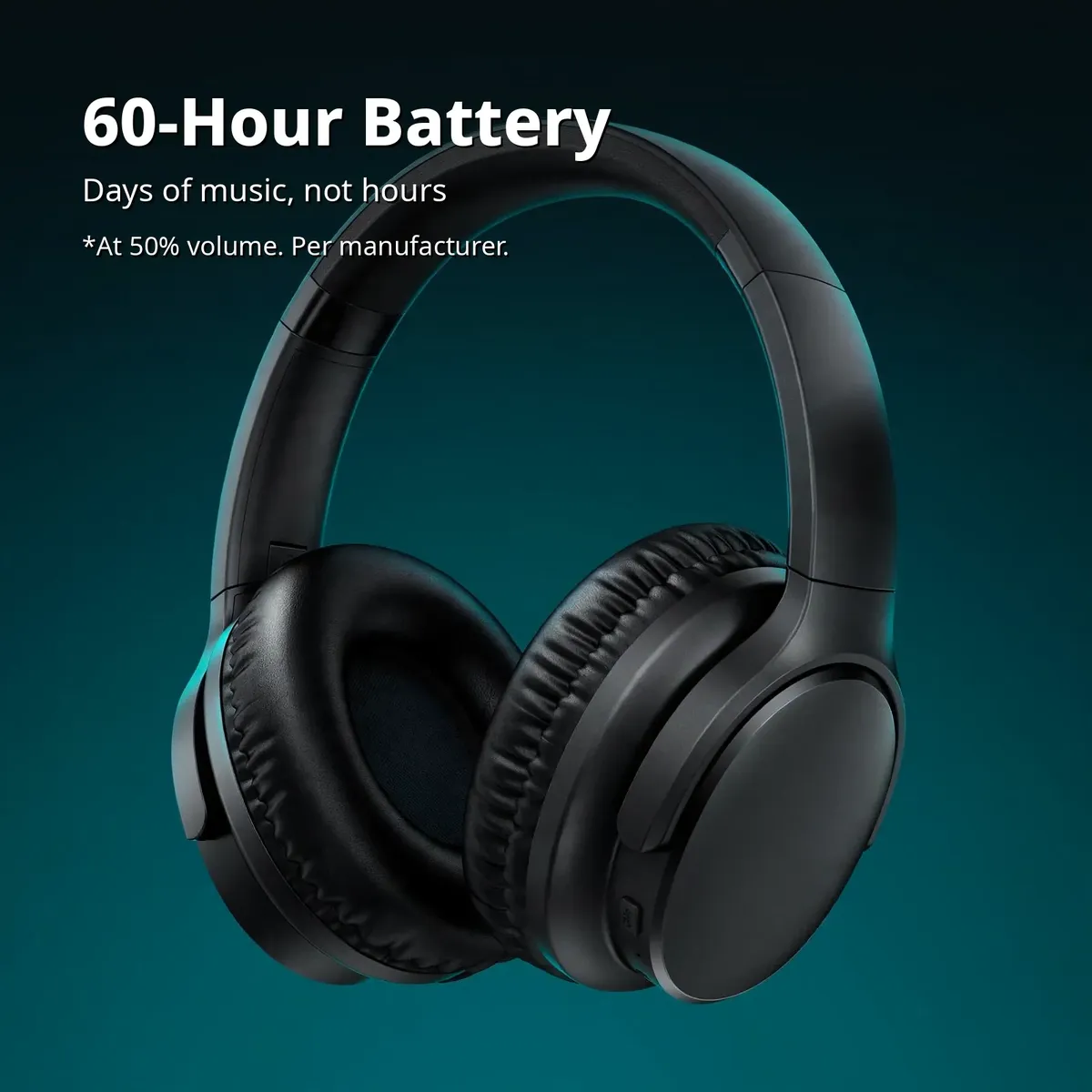 ACEFAST H10 feature card showing the headphones on a deep teal gradient — 60-Hour Battery. Days of music, not hours.