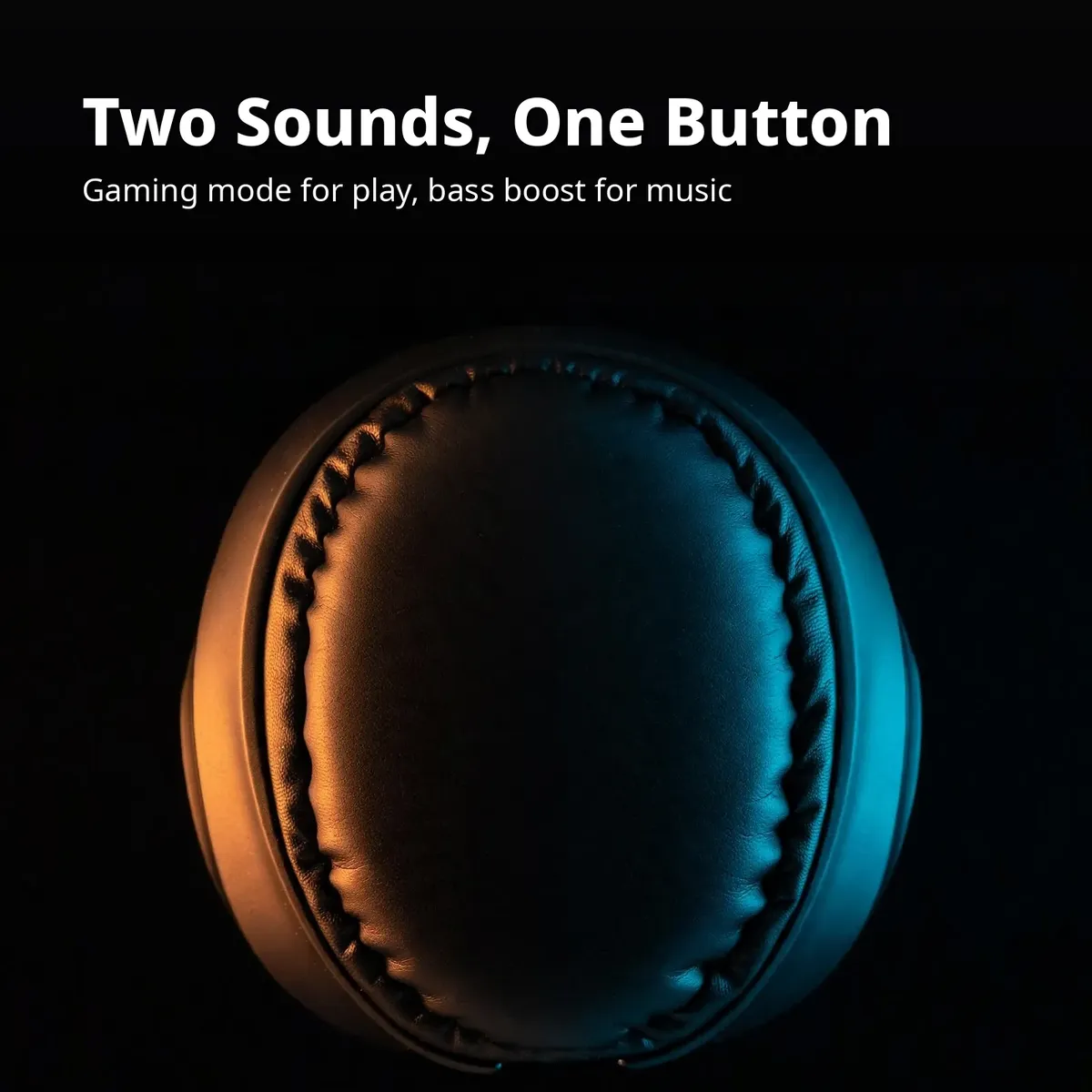 ACEFAST H10 feature card showing an earcup close-up with warm and cool light — Two Sounds, One Button. Gaming mode and bass boost at one tap.