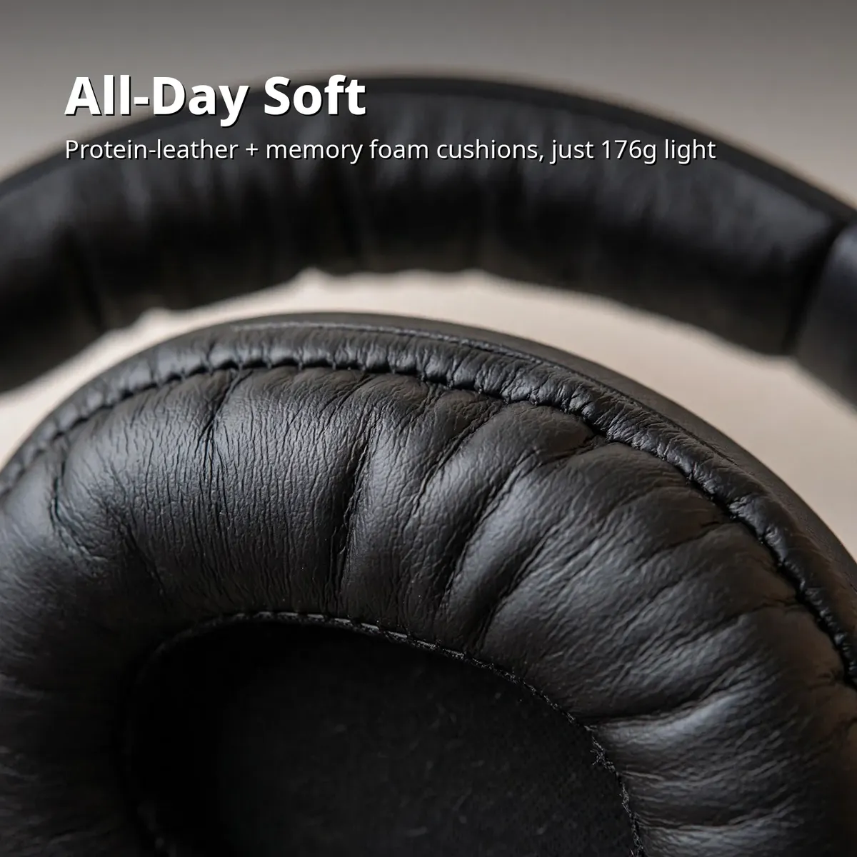 ACEFAST H10 comfort card showing a protein-leather cushion macro — All-Day Soft. Protein-leather and memory foam, 176g light.