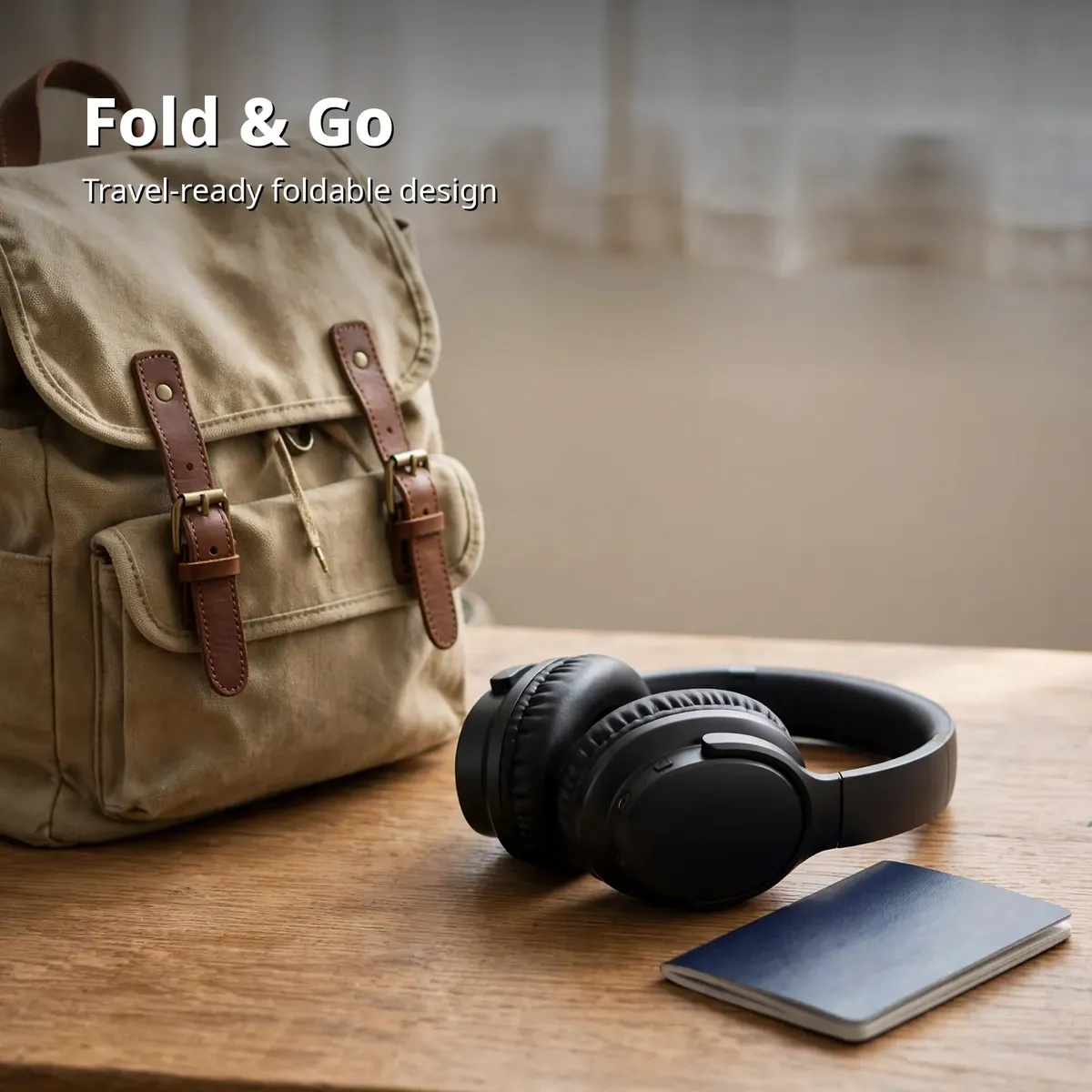 ACEFAST H10 promo visual of the folded headphones beside a travel bag and passport — Fold & Go. Travel-ready foldable design.