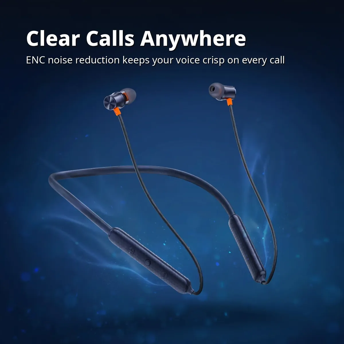 ACEFAST N2 ENC calls card on a dark-blue backdrop — Clear Calls Anywhere. ENC noise reduction keeps your voice crisp on every call.