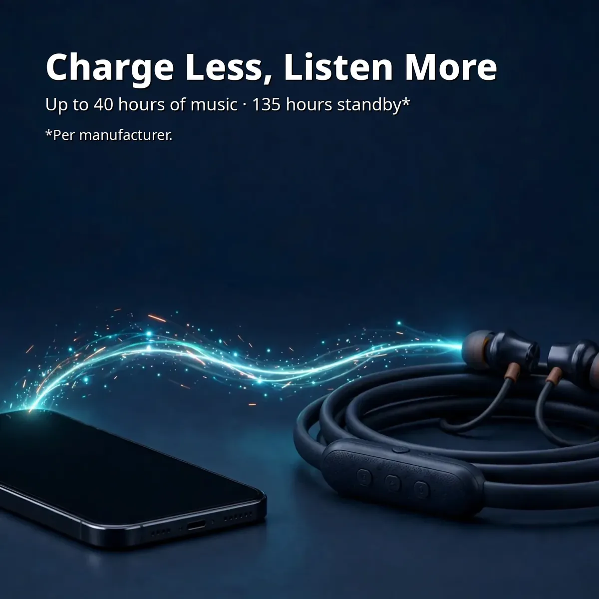 ACEFAST N2 standby promo — Charge Less, Listen More. Up to 40 hours of music, 135 hours standby. Per manufacturer.