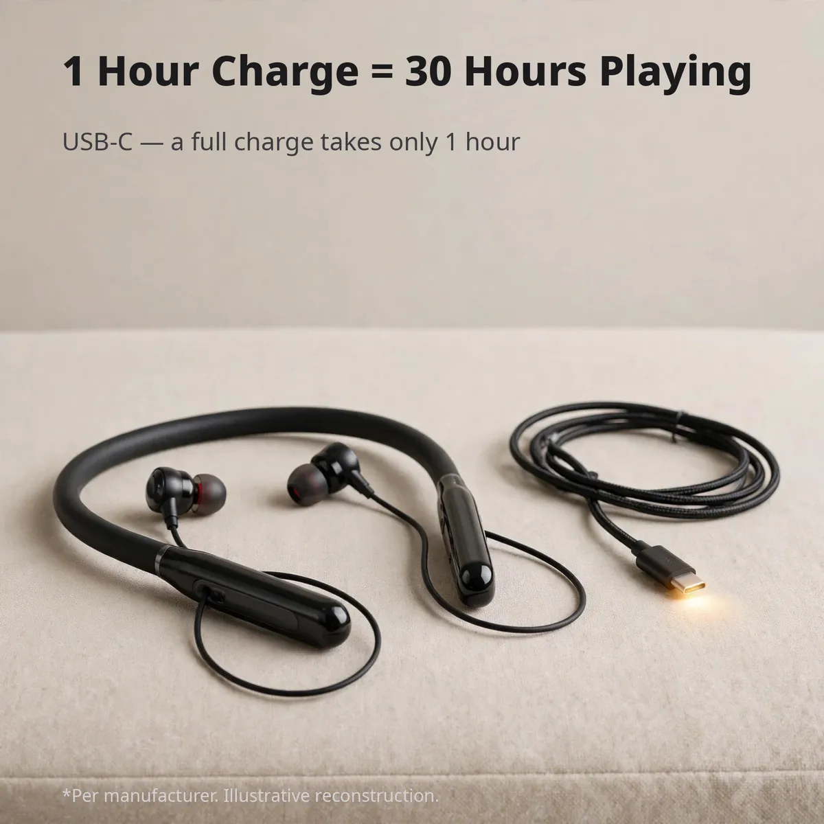 ACEFAST N5 charging infographic — 1 Hour Charge = 30 Hours Playing. USB-C — a full charge takes only 1 hour. Per manufacturer, illustrative reconstruction.
